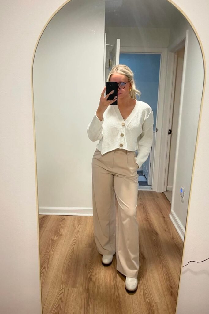 Cream Button-Up Crop Cardigan + Beige High-Waisted Wide-Leg Trousers + White Platform Loafers