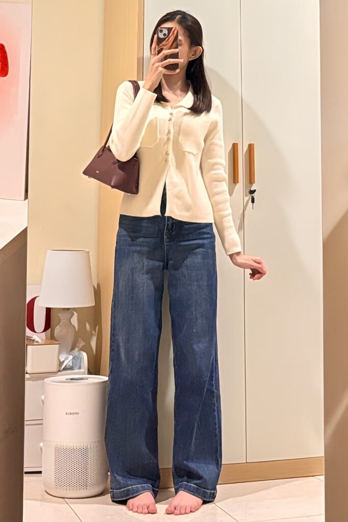 Cream Button-Up Ribbed Cardigan + Wide-Leg Blue Jeans + Burgundy Shoulder Bag