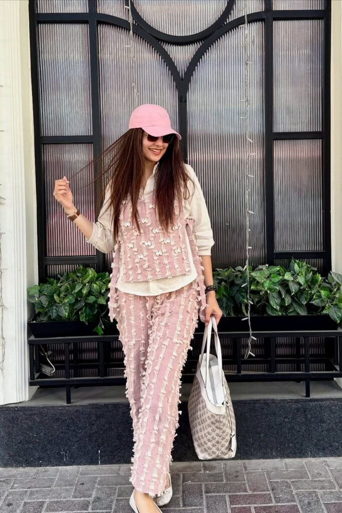 Cream Button-Up Shirt with Pink Textured Vest + Matching Pink Textured Trousers + White Flats
