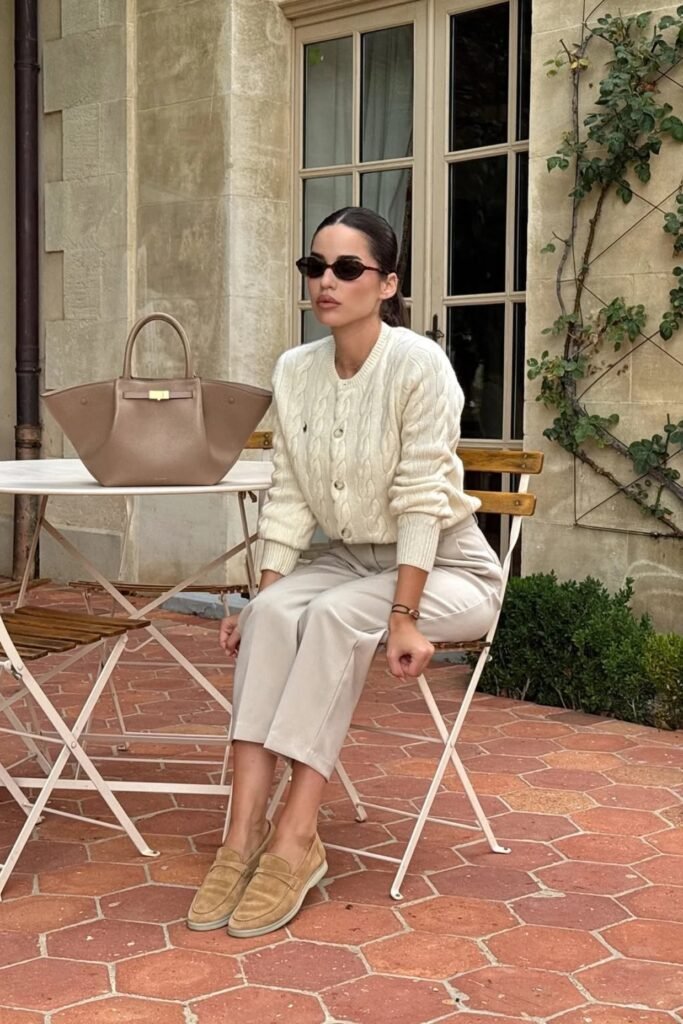 Cream Cable Knit Cardigan + Beige Cropped Trousers + Tan Suede Loafers