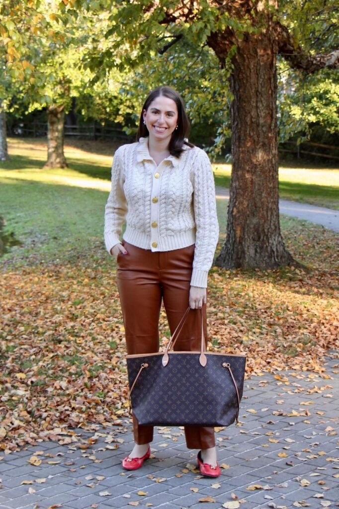 Cream Cable Knit Cardigan + Cognac Leather Trousers + Red Bow Ballet Flats