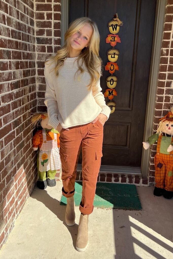 Cream Crewneck Sweater + Rust Cargo Pants + Tan Chelsea Boots