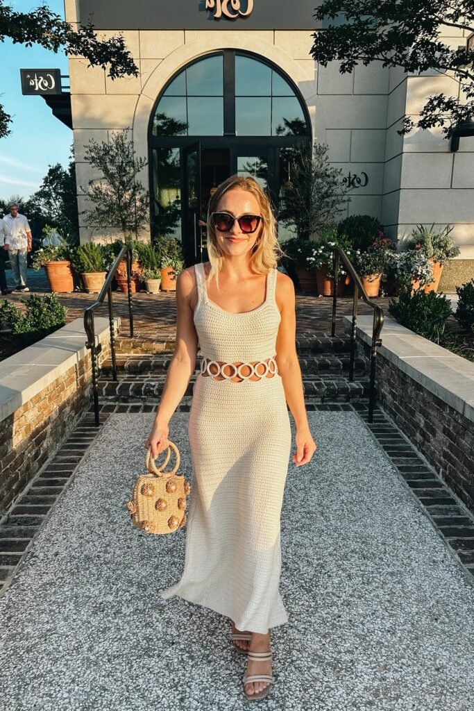 Cream Crochet Sleeveless Maxi Dress + Woven Straw Handbag + Tan Flat Sandals