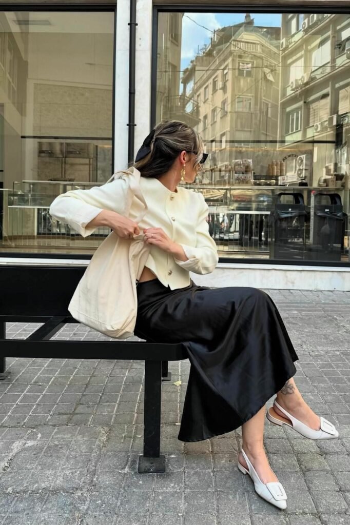 Cream Cropped Lady Jacket + Black Satin Midi Skirt + White Slingback Pointed Flats