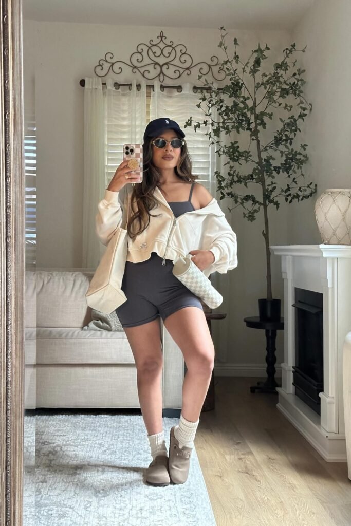 Cream Cropped Zip-up Hoodie + Charcoal Grey Athletic Set + Beige Clogs + White Slouch Socks