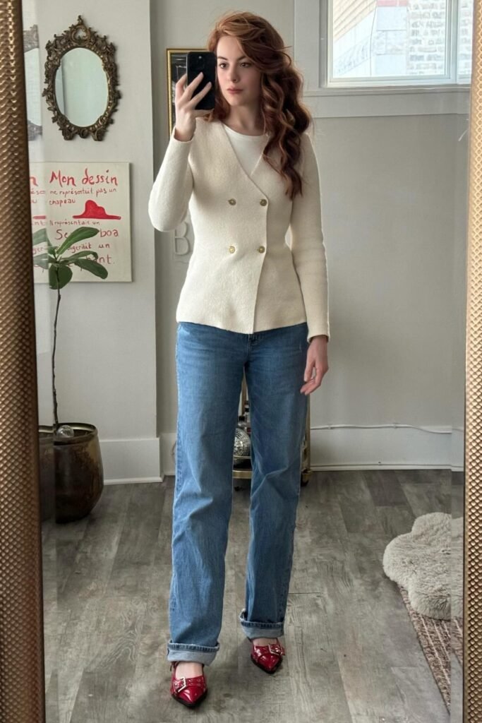 Cream Double-Breasted Cardigan + Straight-Leg Blue Jeans + Red Pointed Slingback Heels