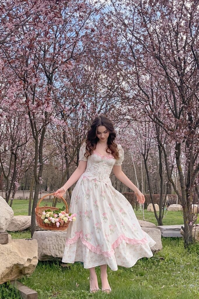 Cream Floral Milkmaid Maxi Dress + Woven Flower Basket + Pink Strappy Sandals