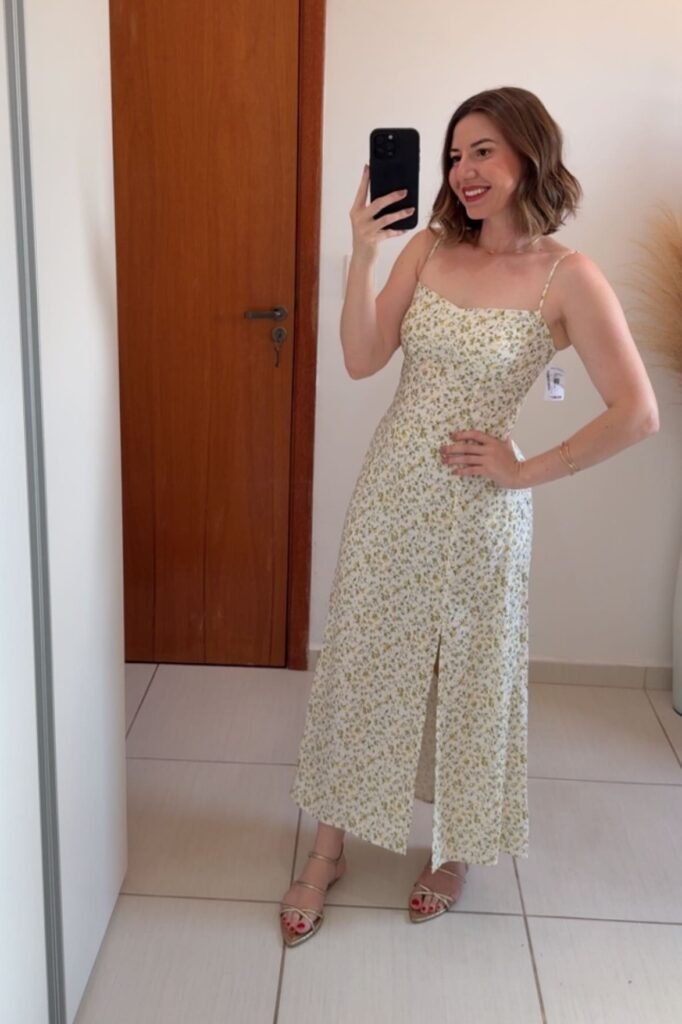 Cream Floral Print Spaghetti Strap Midi Dress + Gold Strappy Sandals