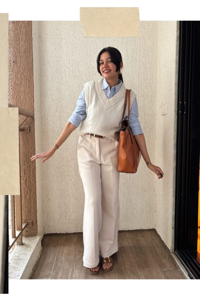 Cream Knit Vest + Light Blue Button-Down Shirt + White Wide-Leg Trousers + Brown Sandals