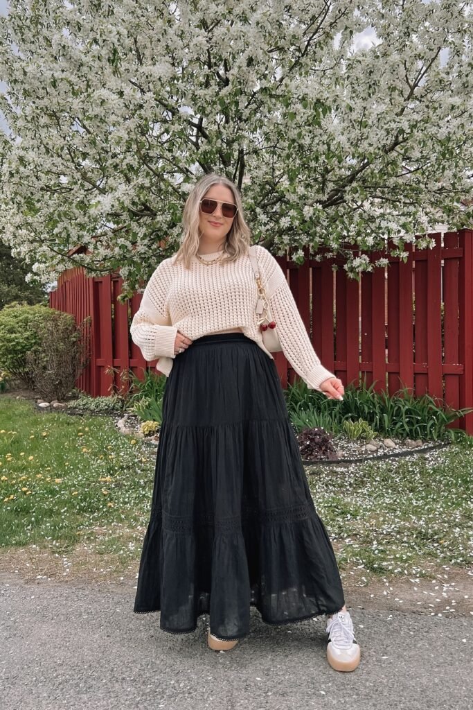 Cream Open Knit Sweater + Black Tiered Maxi Skirt + White Adidas Samba Sneakers
