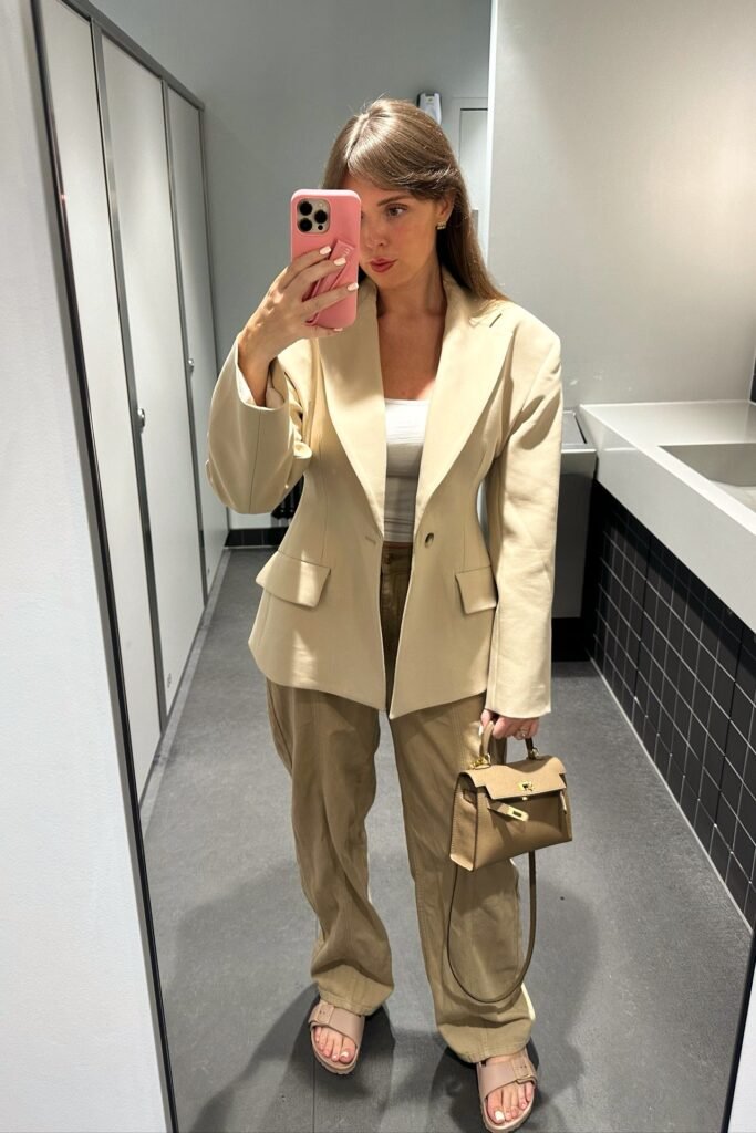 Cream Oversized Blazer + White Crop Top + Tan Wide-Leg Cargo Pants + Beige Buckle Sandals