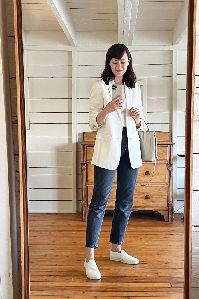 Cream Oversized Blazer + White Tee + Dark Wash Straight Jeans + White Slip-On Sneakers