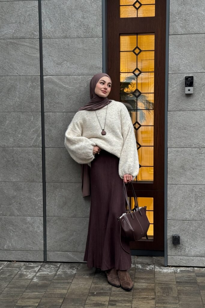 Cream Oversized Sweater + Dark Brown Pleated Maxi Skirt + Brown Suede Boots