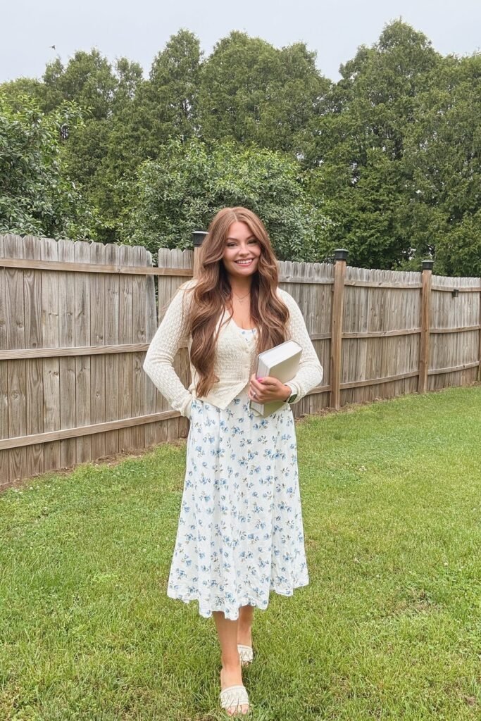 Cream Pointelle Cardigan + White & Blue Floral Midi Dress + Beige Woven Slides