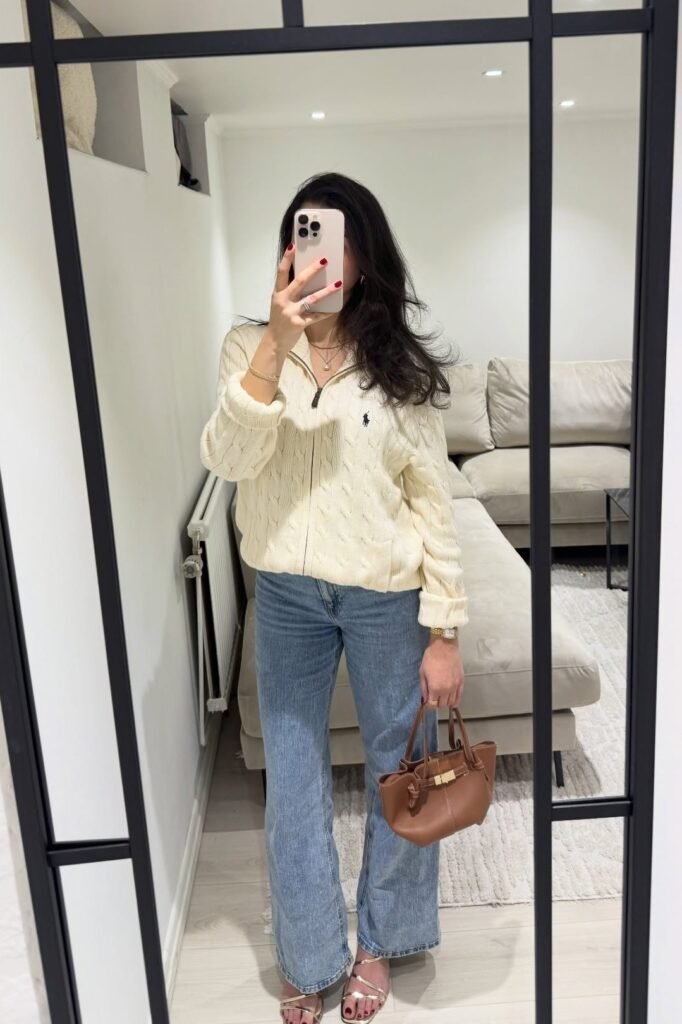 Cream Quarter Zip Cable Knit Sweater + Light Wash Wide Leg Jeans + Gold Strappy Sandals