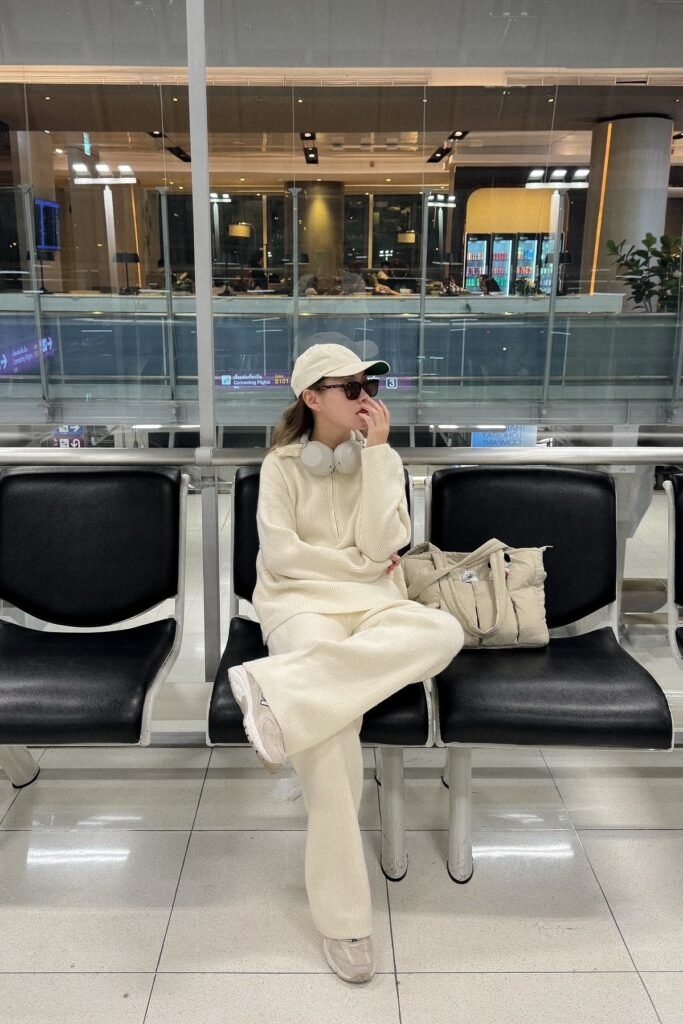 Cream Quarter-Zip Knit Pullover + Matching Cream Knit Pants + Beige Sneakers