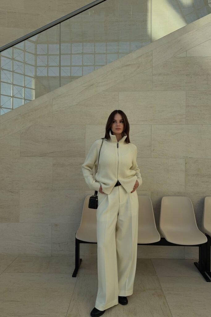 Cream Ribbed Zip-Up Cardigan + Matching Cream Wide-Leg Trousers + Black Loafers