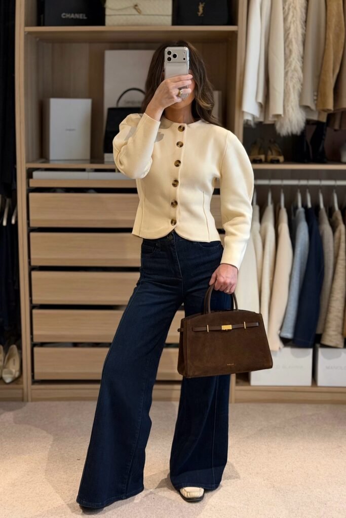 Cream Sculptural Button-Up Cardigan + Dark Wash Flared Jeans + Cream Loafers
