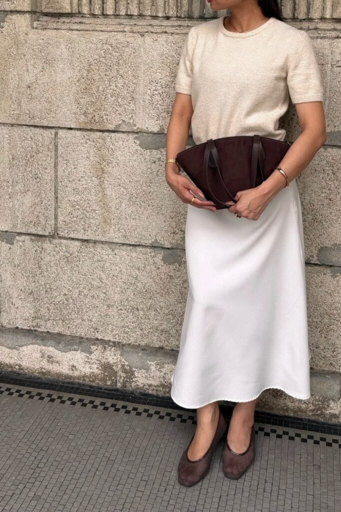 Cream Short-Sleeve Knit Top + White Satin Midi Skirt + Brown Mesh Ballet Flats