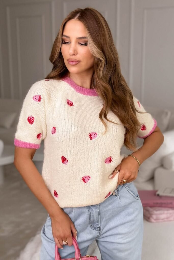 Cream Short-Sleeve Strawberry Knit Sweater + Light Wash Jeans