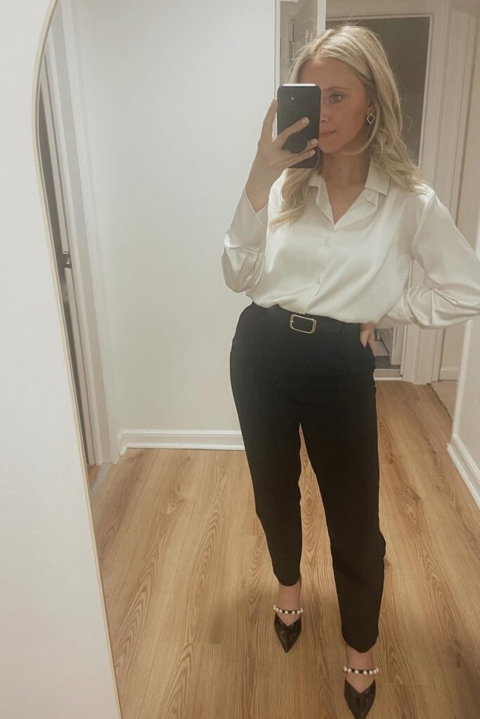 Cream Silk Blouse + Black Belted Trousers + Black Pearl-Embellished Pointed Heels