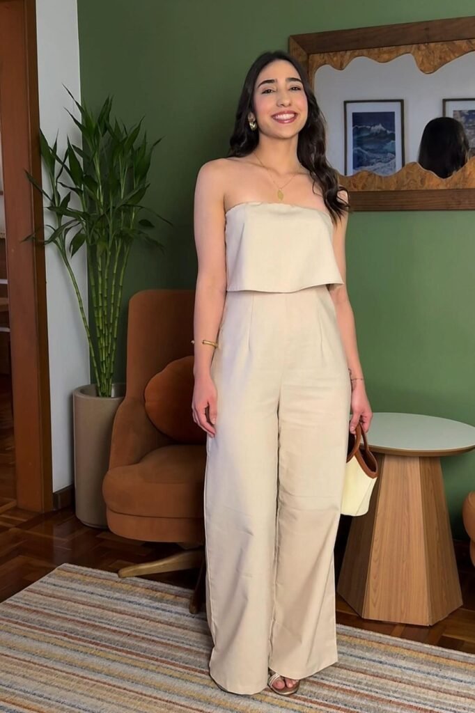 Cream Strapless Two-Piece Set + Mini Bucket Bag + Gold Jewelry