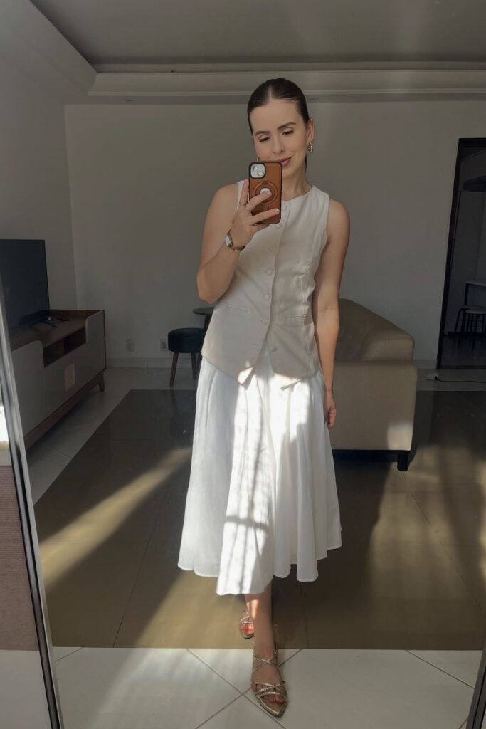 Cream Tailored Vest + White Pleated Midi Skirt + Gold Strappy Sandals