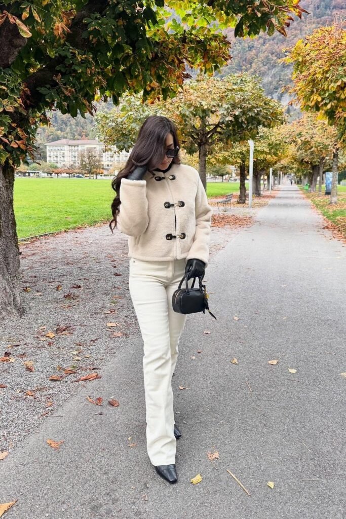 Cream Teddy Jacket + White Straight Leg Trousers + Black Pointed Boots