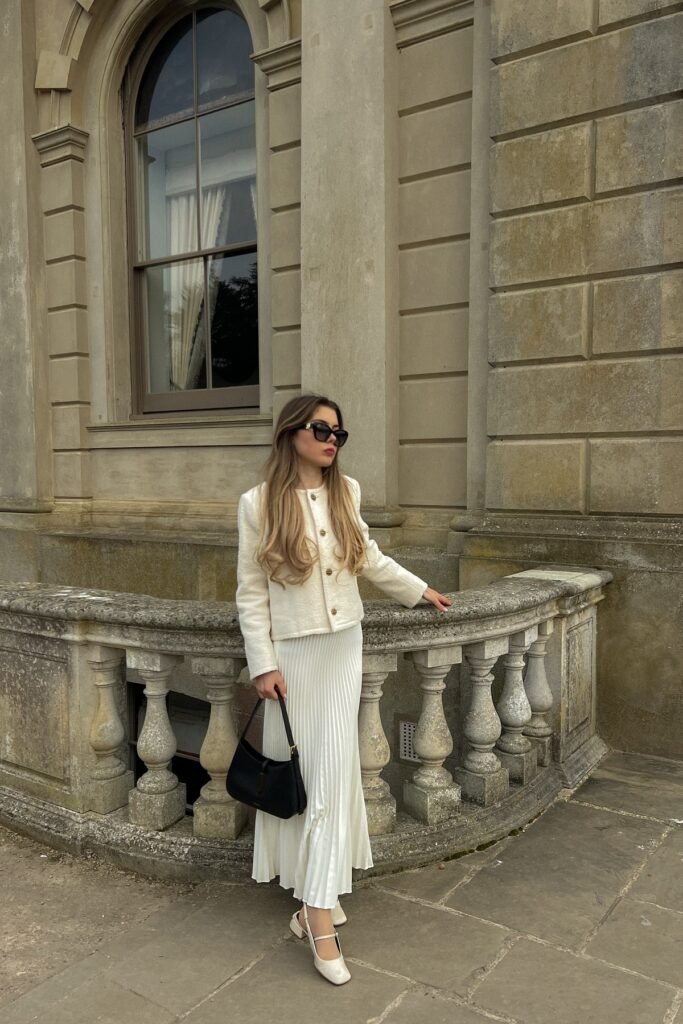 Cream Textured Blazer + Pleated White Maxi Skirt + White Mary Jane Heels