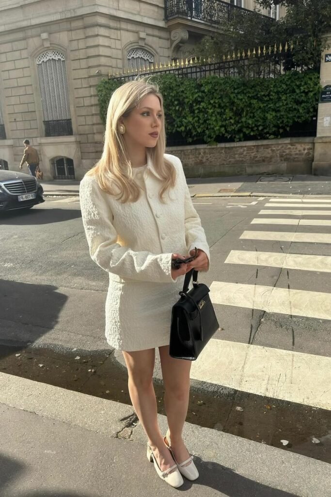 Cream Textured Button Up Set + White Mary Jane Flats + Black Top Handle Bag