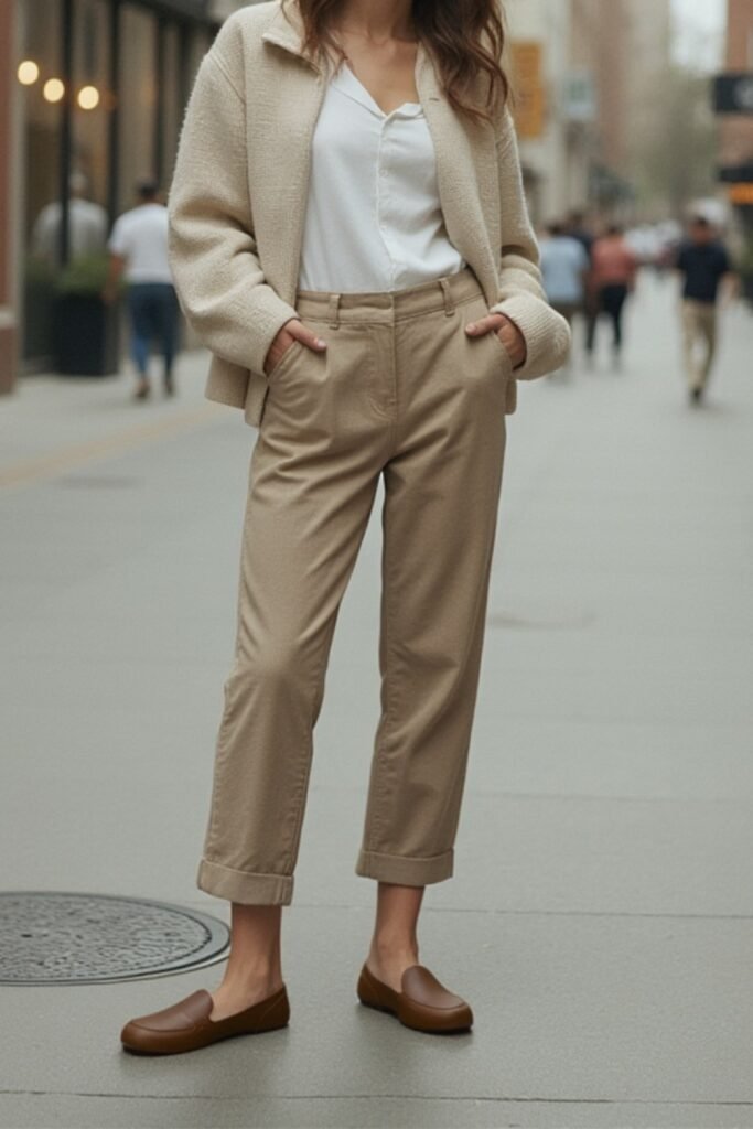 Cream Textured Cardigan + White Button-Down Shirt + Tan Chino Trousers + Brown Leather Loafers