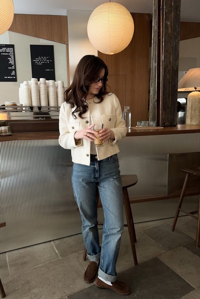 Cream Textured Lady Jacket + Straight Leg Blue Jeans + Brown Suede Loafers