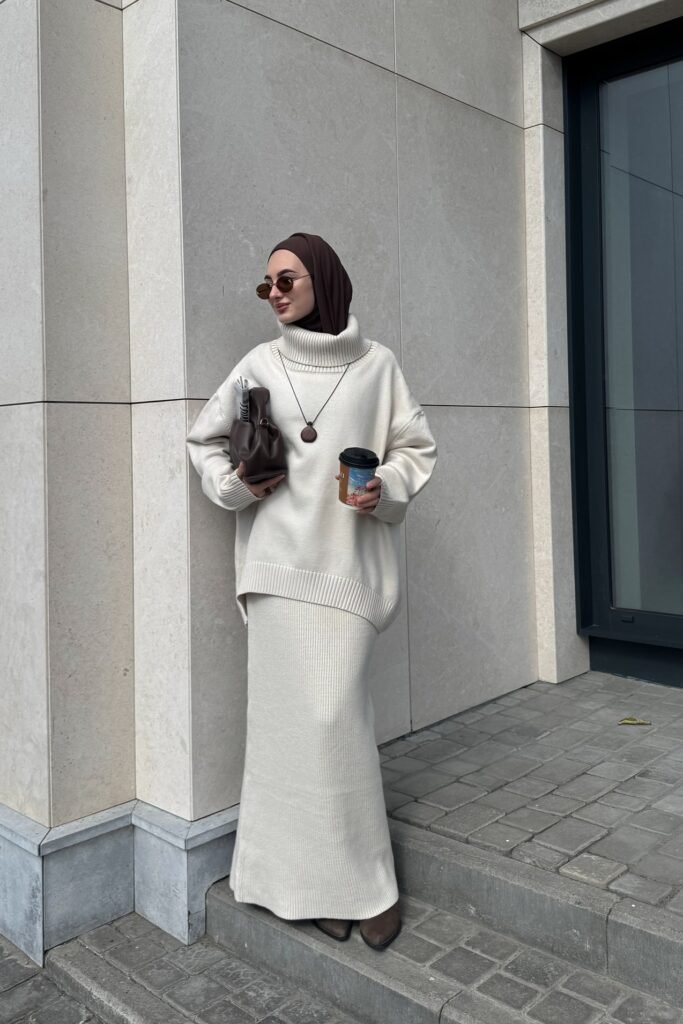 Cream Turtleneck Oversized Sweater + Matching Knit Maxi Skirt + Brown Hijab