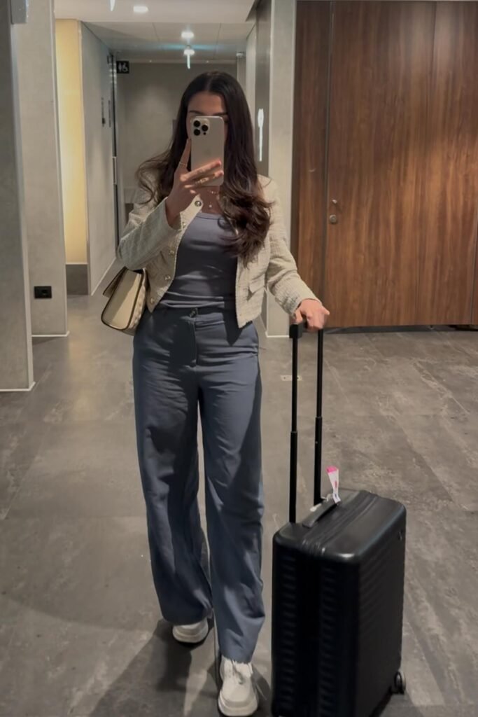 Cream Tweed Cropped Jacket + Blue-Grey Bodysuit + Blue-Grey Wide-Leg Trousers + White Sneakers