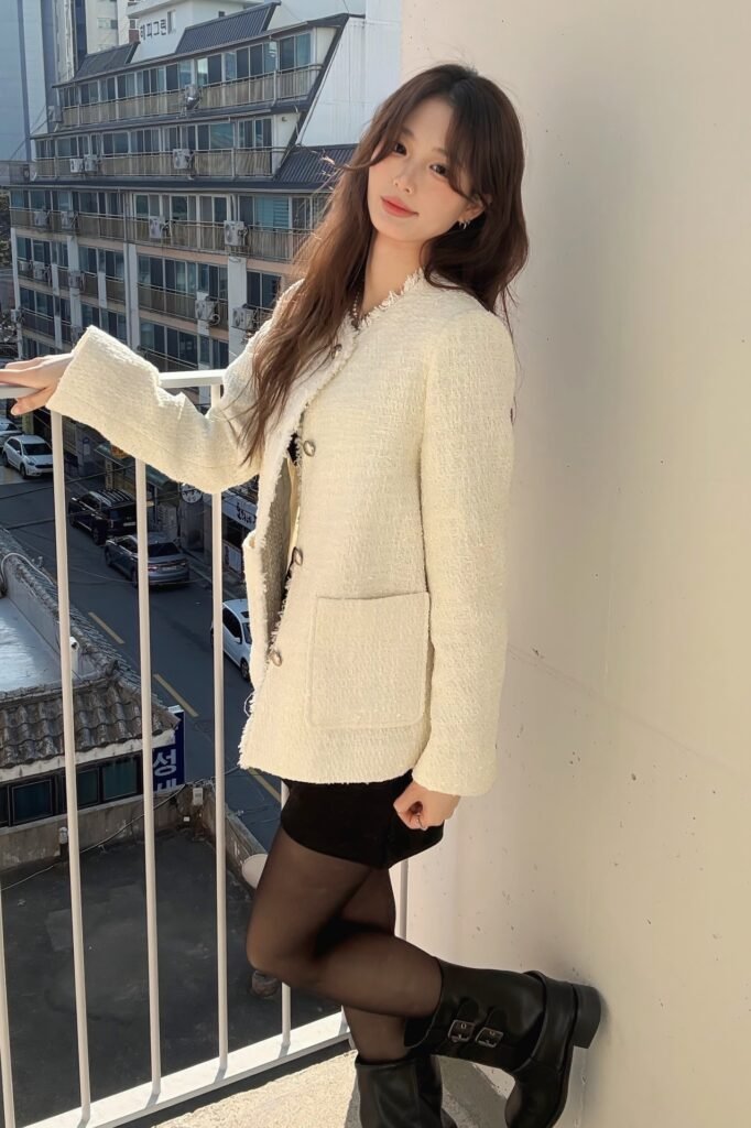 Cream Tweed Jacket + Black Mini Skirt & Tights + Black Buckled Boots