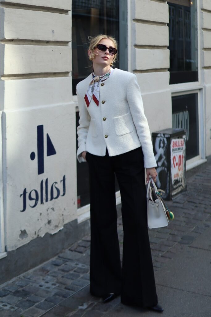 Cream Tweed Jacket + Black Wide Leg Trousers + Black Pointed Heels