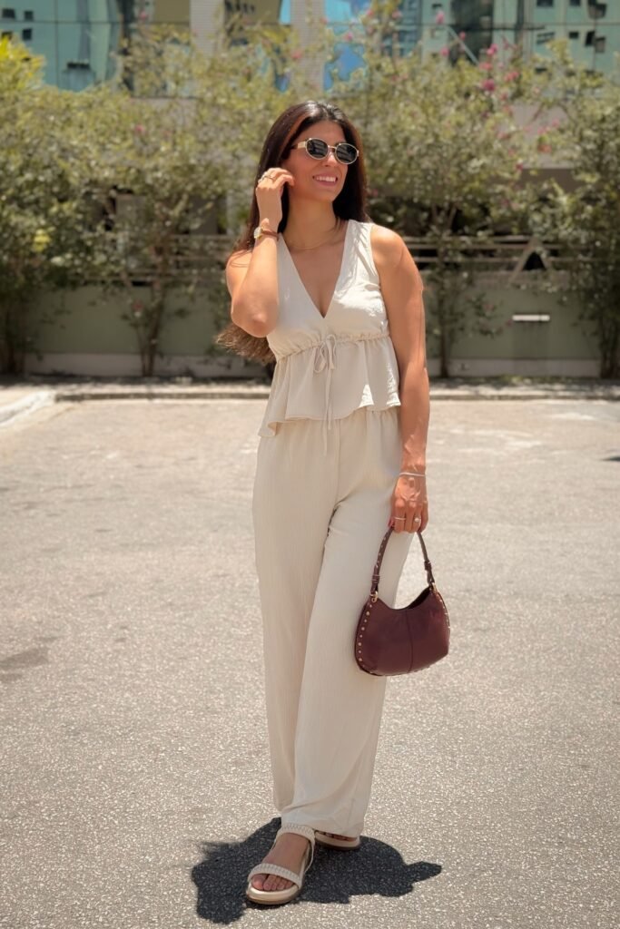 Cream V-Neck Peplum Top + Cream Wide-Leg Trousers + Beige Strappy Sandals