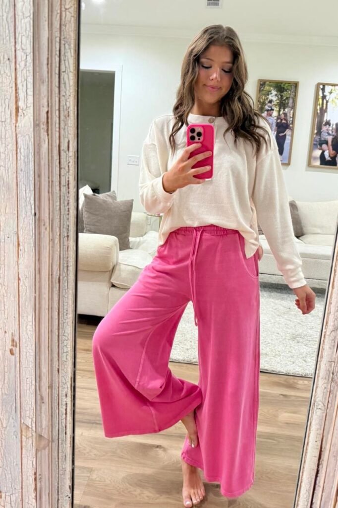 Cream Waffle-Knit Long Sleeve Top + Vibrant Pink Wide-Leg Sweatpants