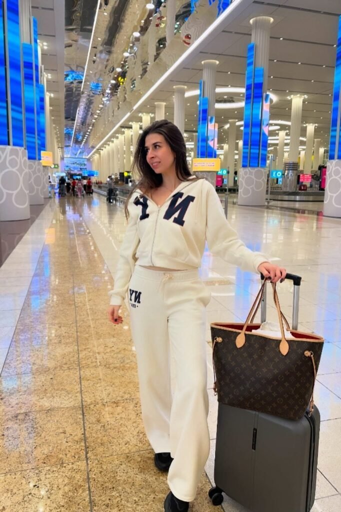 Cream Zip-Up Hoodie + Matching Cream Sweatpants + Designer Monogram Tote