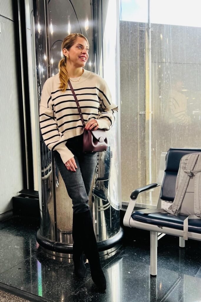 Cream and Black Striped Sweater + Dark Grey Skinny Jeans + Black Knee-High Boots