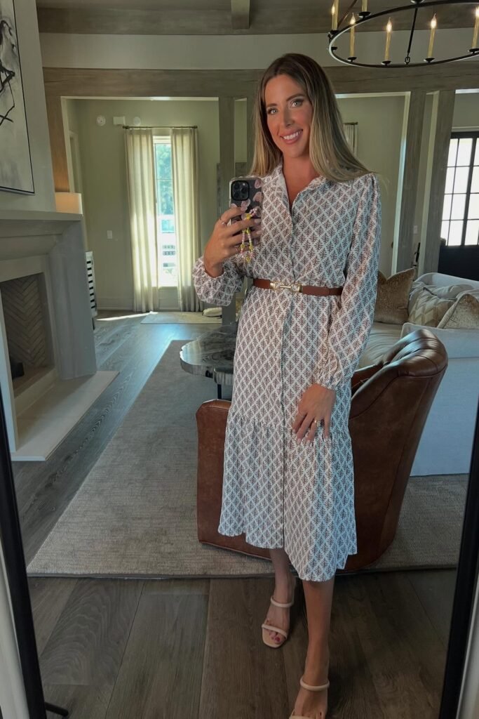 Cream and Brown Patterned Shirtdress + Brown Waist Belt + Nude Strappy Heels