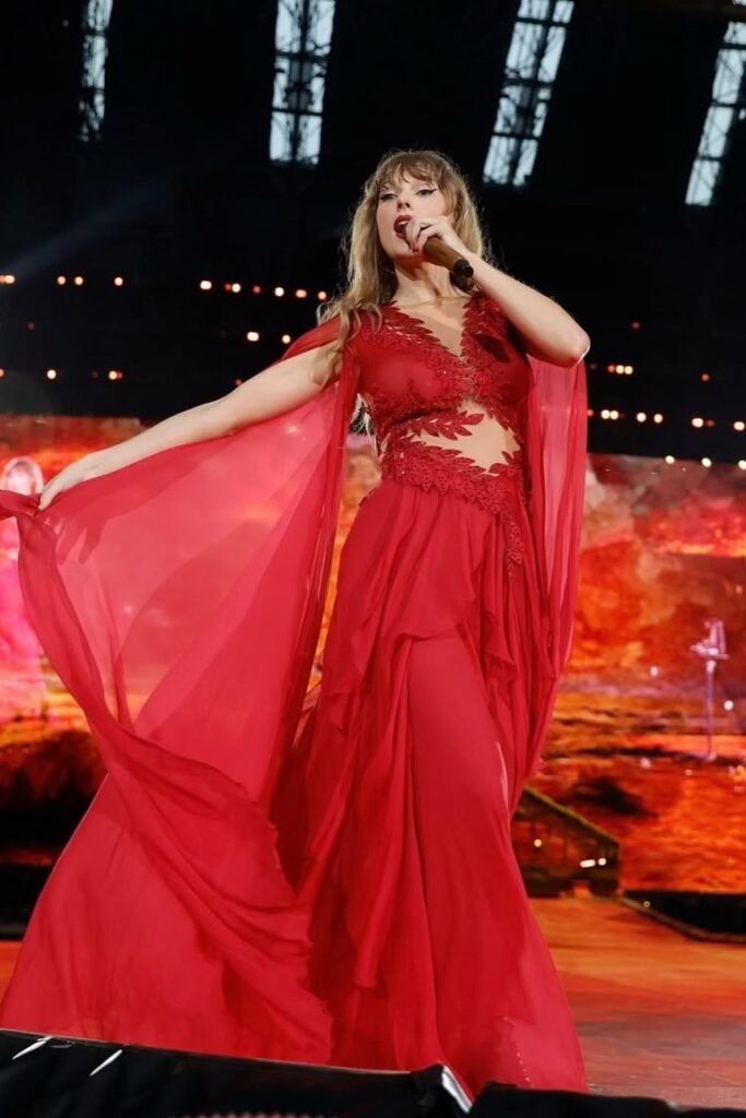 Crimson Red Flowing Chiffon Gown with Lace Cut-outs + Fishnet Tights