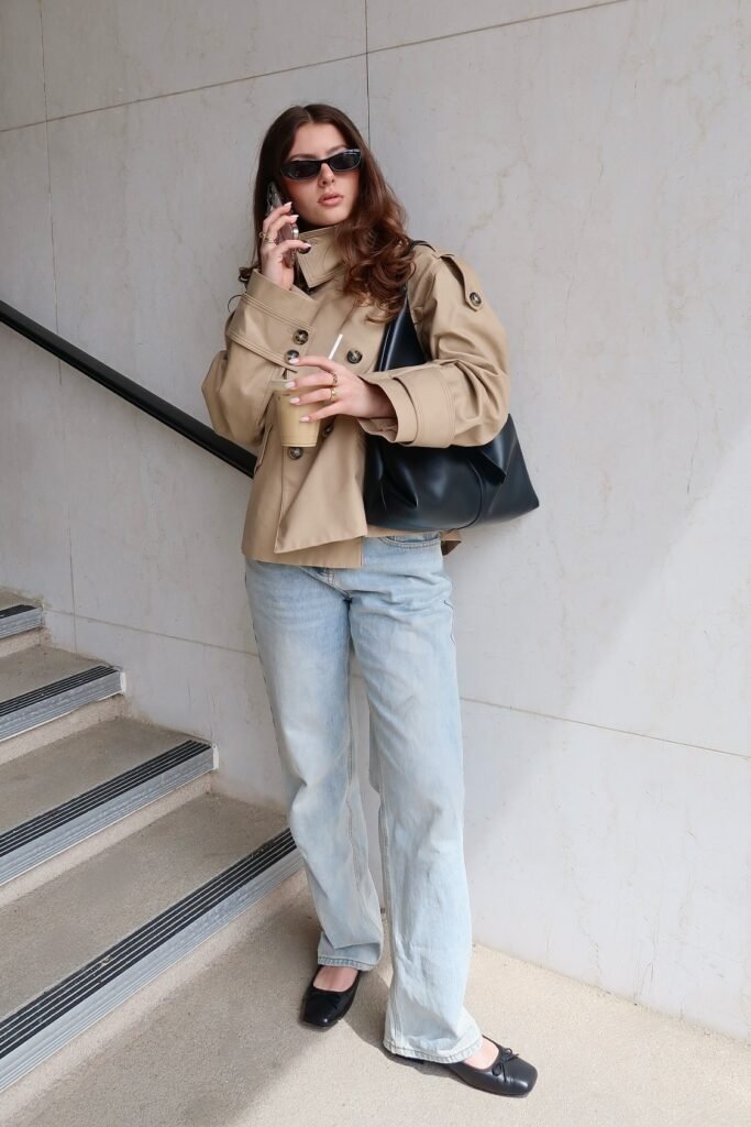 Cropped Beige Trench Coat + Light Wash Straight Jeans + Black Ballet Flats