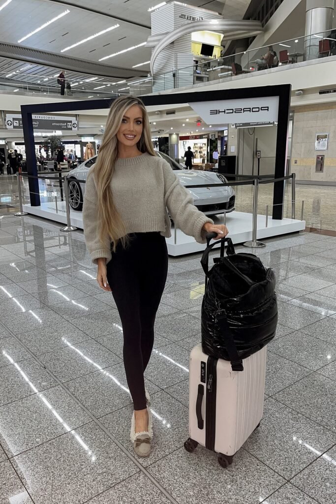 Cropped Grey Knit Sweater + Black Leggings + Faux-Fur Trimmed Moccasins