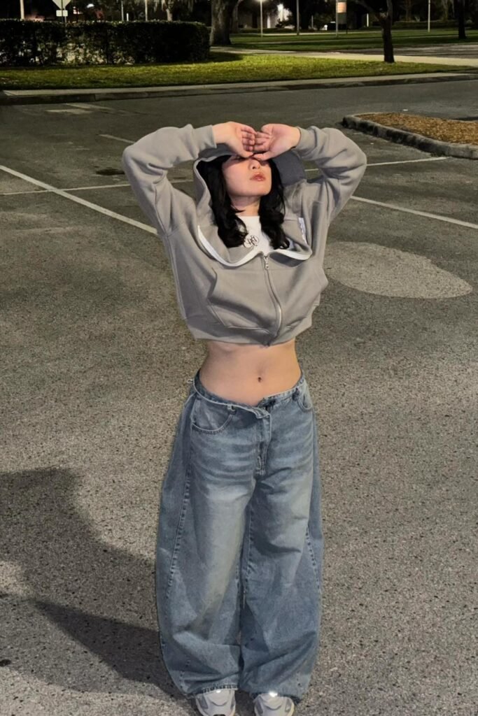 Cropped Grey Zip-Up Hoodie + Baggy Light-Wash Jeans + White Sneakers