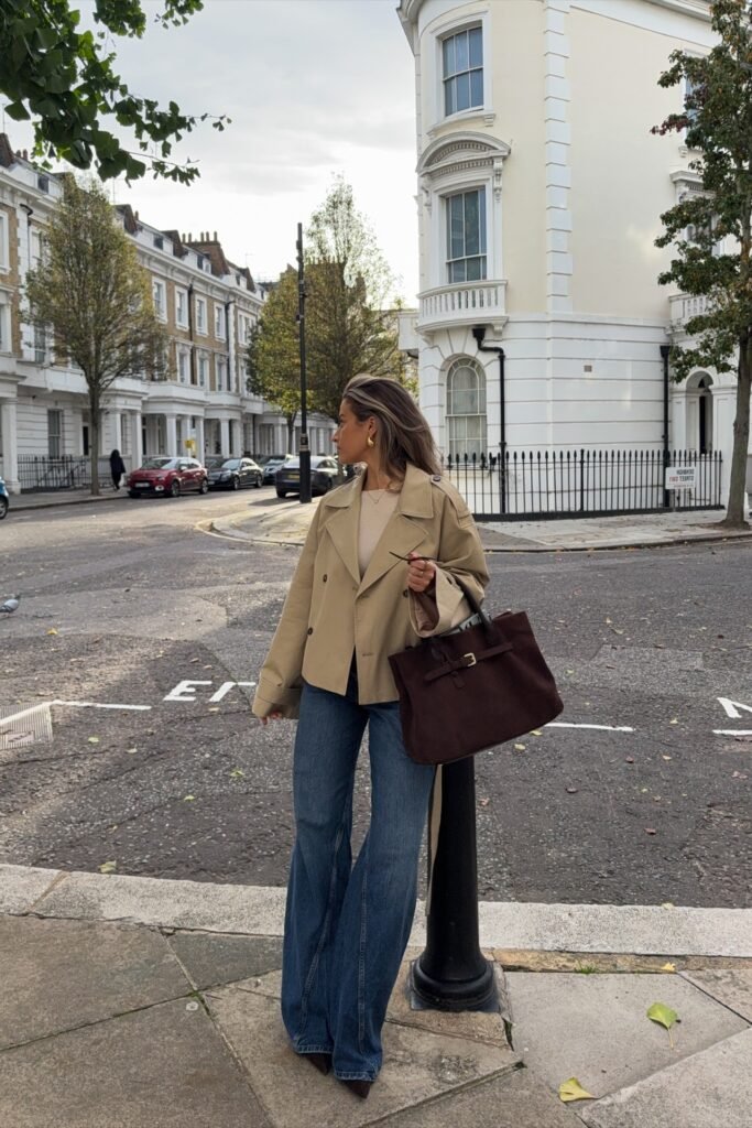 Cropped Khaki Trench Coat + Beige Base Layer + Dark Wash Flared Jeans + Large Chocolate Suede Tote