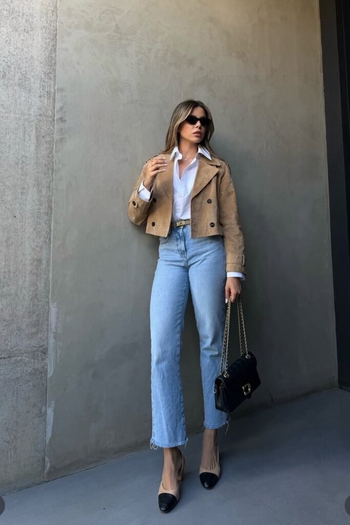 Cropped Tan Suede Jacket + White Button-Down Shirt + Light Wash Straight-Leg Jeans + Two-Tone Cap-Toe Slings