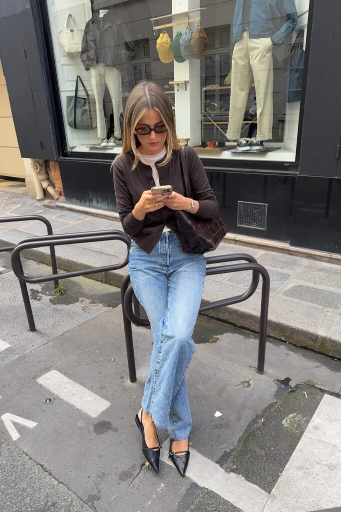 Dark Brown Buttoned Cardigan + White T-Shirt + Light Wash Straight-Leg Jeans + Black Pointed Slingback Flats