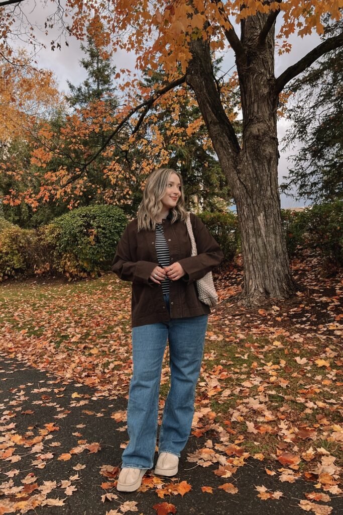 Dark Brown Corduroy Jacket + Striped Shirt + Wide Leg Blue Jeans + Beige Platform Boots
