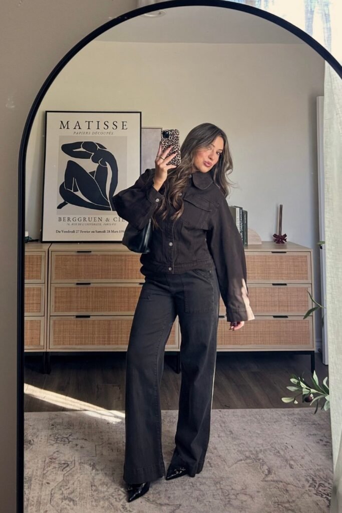 Dark Brown Denim Utility Jacket + Matching Wide-Leg Brown Jeans + Black Pointed-Toe Boots